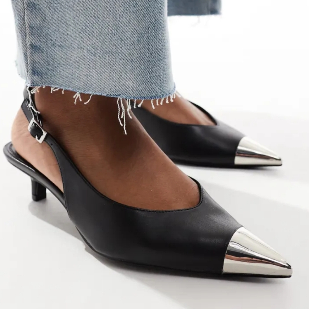 ASOS DESIGN Black Slingback Kitten Heels with Silver Toe Cap, Brand New, Size 9